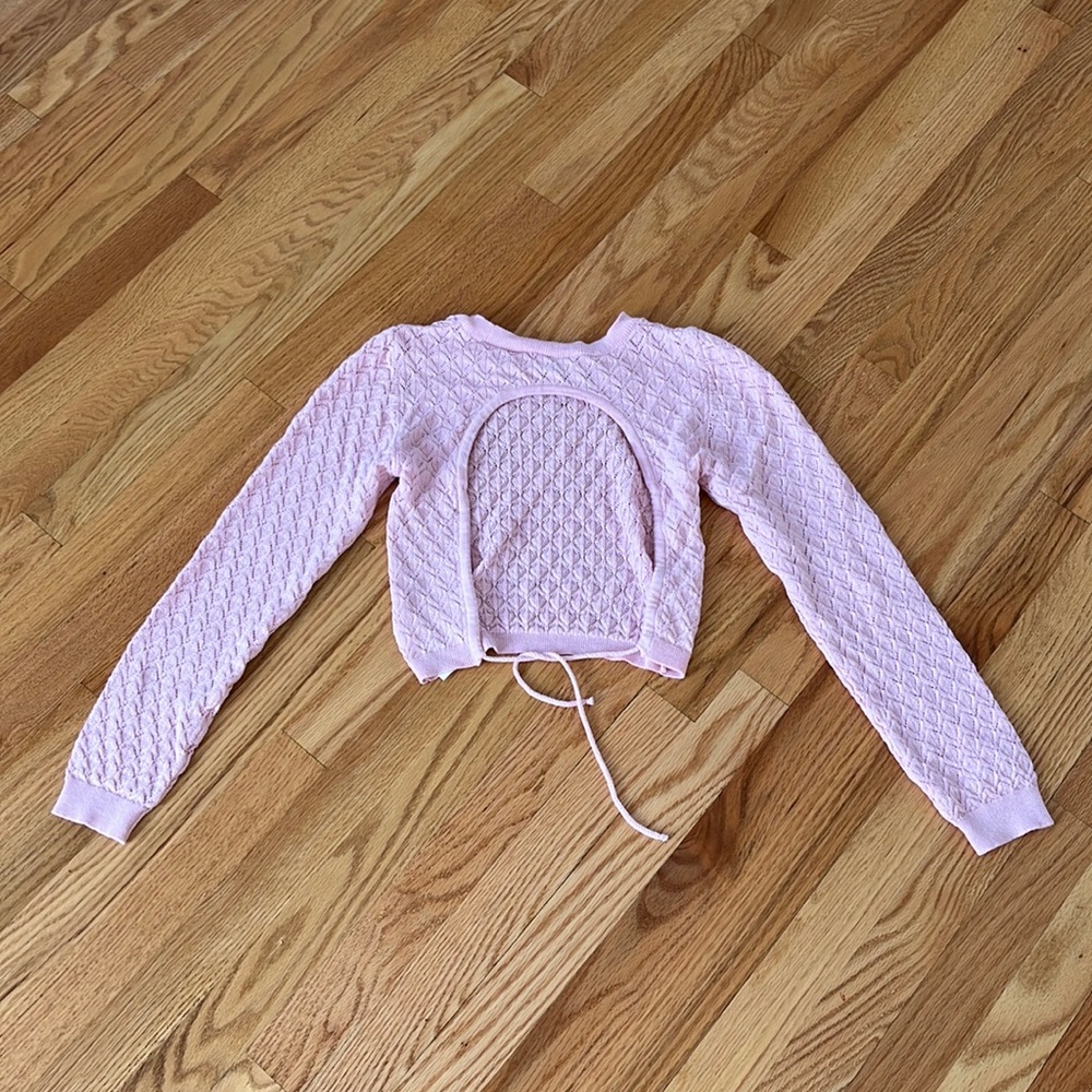 Light pink open back sweater pointelle pattern ballerina sweater